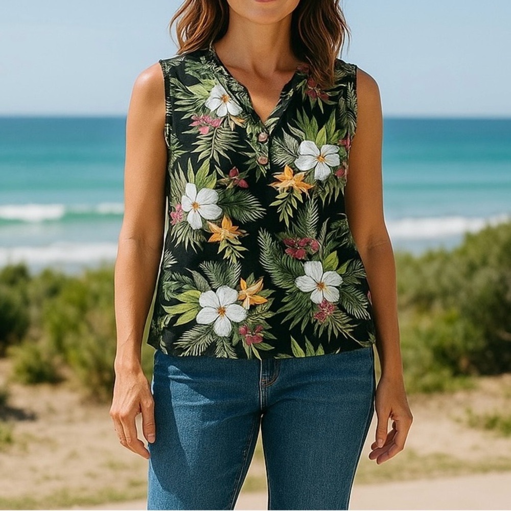 Fresh Top Floral Sleeveless Black White Red Green 2X Summer
